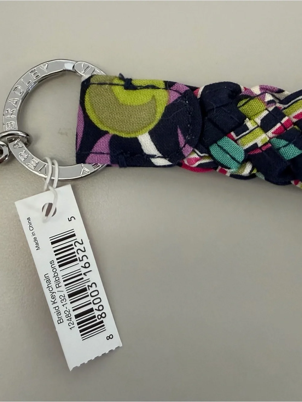 NWT Vera Bradley Braided Keychain Ribbons Pattern with Silver Ring and Clasp